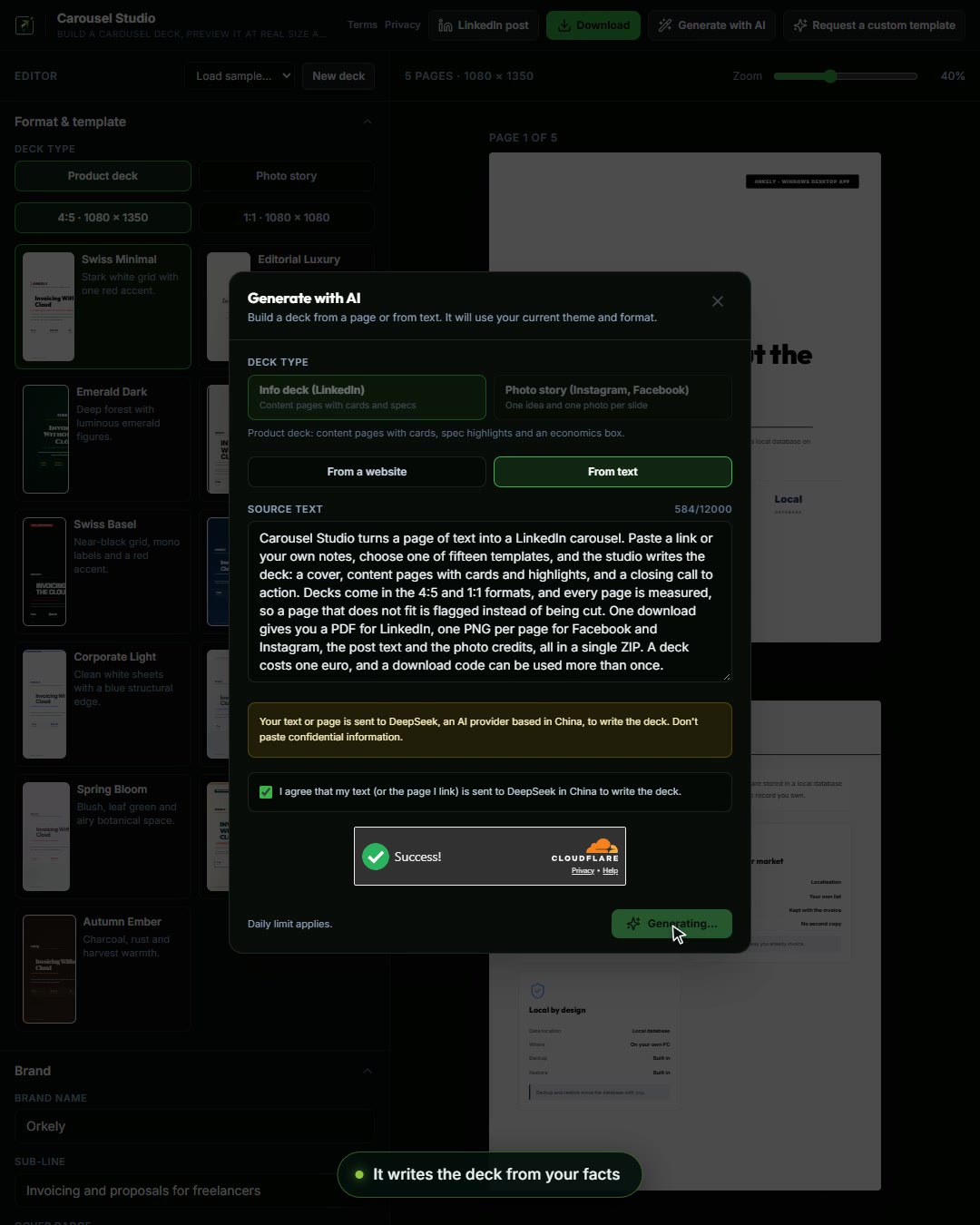 Carousel Studio editor with AI deck generation